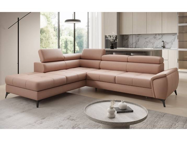 Designer Ecksofa Aveline mit Schlaffunktion und Stauraum in Echtleder - Rosé - Links - Luxusbetten24