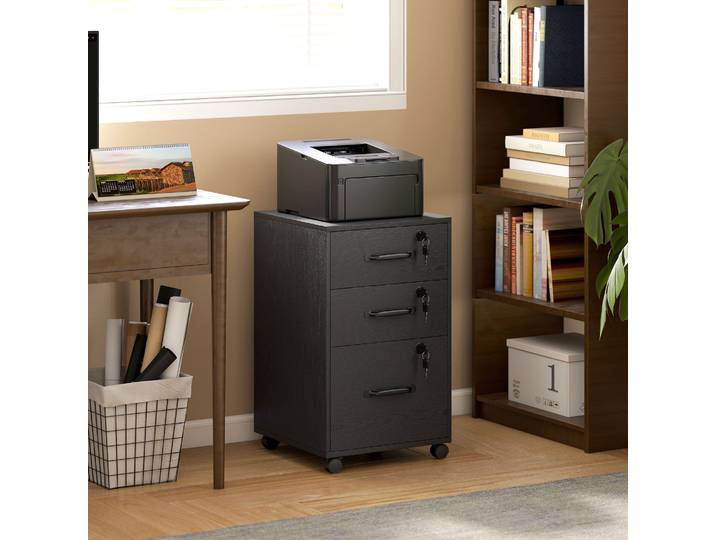 HOMCOM Caisson Bureau 3 Tiroirs Verrouillables Roulettes Noir