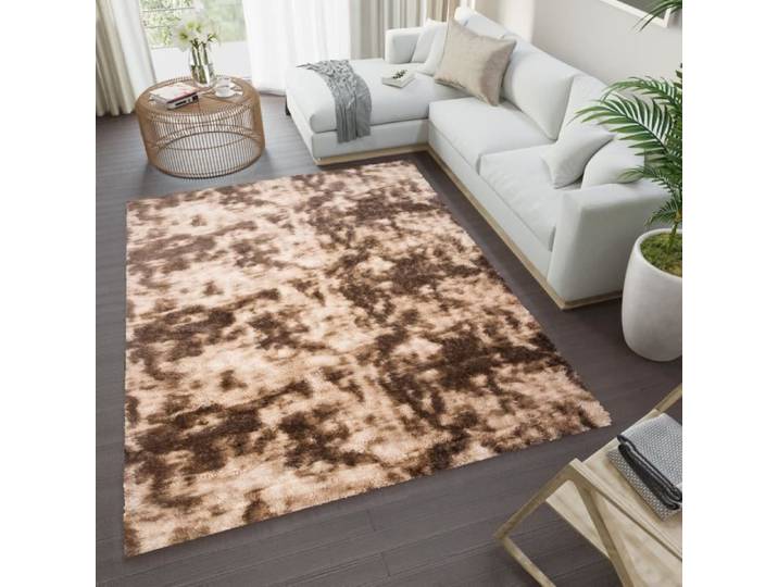 TAPISO Silk Dyed Tapis Salon Chambre Marron Beige Antidérapant Shaggy Moelleux 160x230 cm