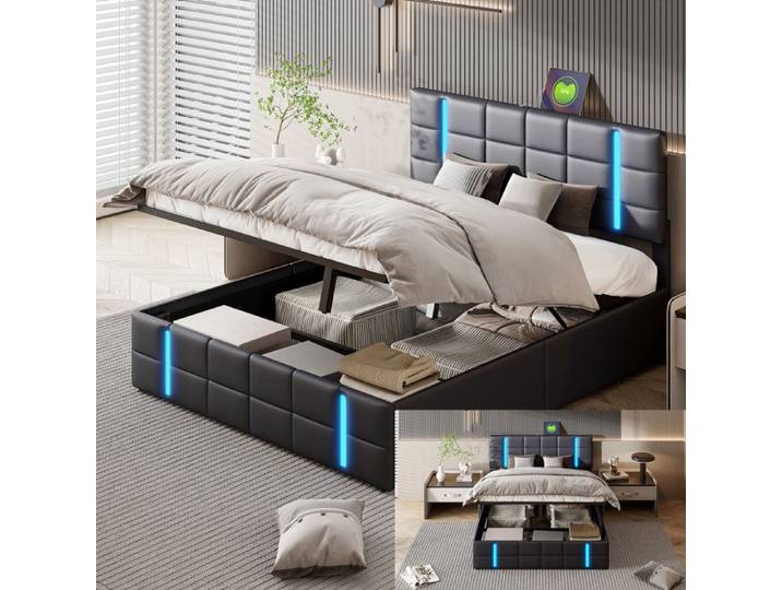 Lit 160x200 cm - LED - USB - tissu en PU - lit adulte 160x200 cm - 160x200 cm - Noir