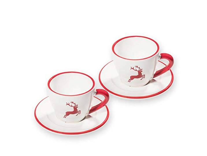 GMUNDNER KERAMIK Espresso für 2 Gourmet Kaffeeset Rubinroter Hirsch Geschirr, handgemacht in Österreich
