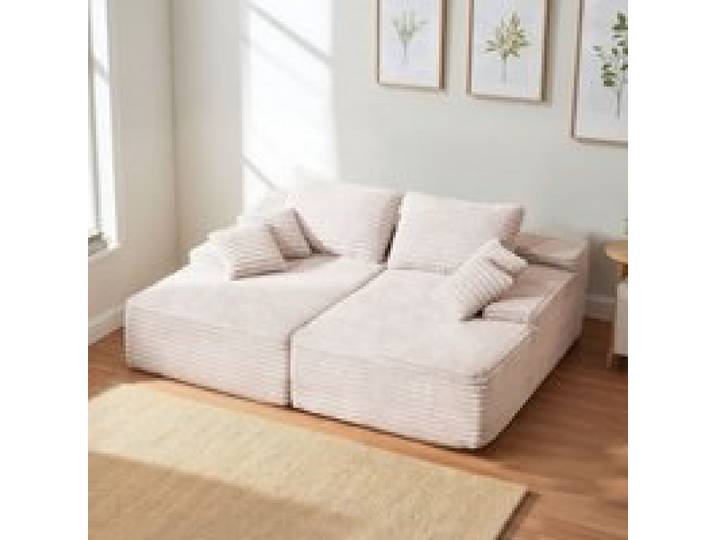 VEVOR übergroße Doppel-Chaiselonguen (210 cm) Cord-Sofa, gemütliches Zweiersofa mit tiefer Sitzfläche & weichen Kissen & Dekokissen für Wohnzimmer und Schlafzimmer, Schlafsofa 2 Personen Beige