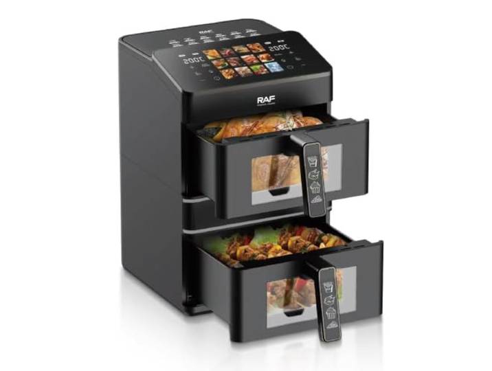 RAF Luftfritteuse mit Doppelkorb, 14 l, 2800 W, Dual-Zone 7 l + 7 l, Temperatur 60-200 °C, Timer 60 Minuten, mattschwarz, Modell R.50