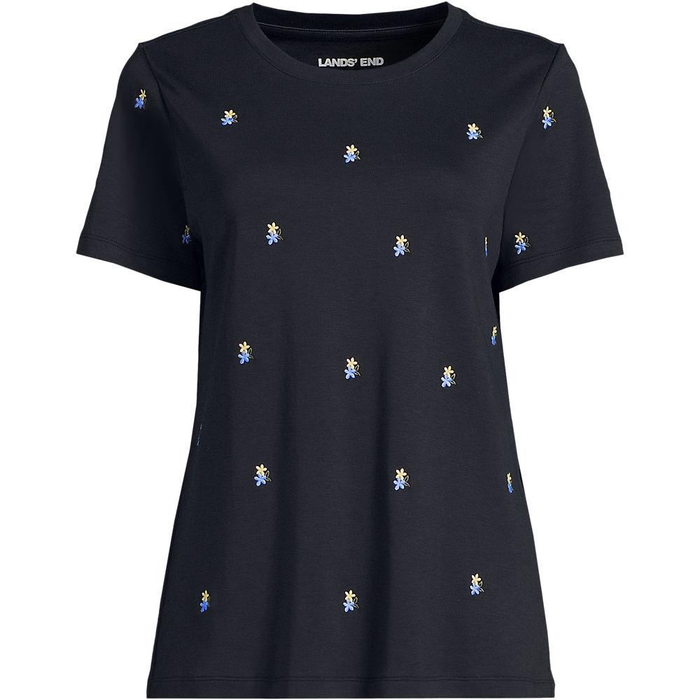 Besticktes Supima Rundhalsshirt, Damen, size: regular, Schwarz, Baumwolle, by Lands' End