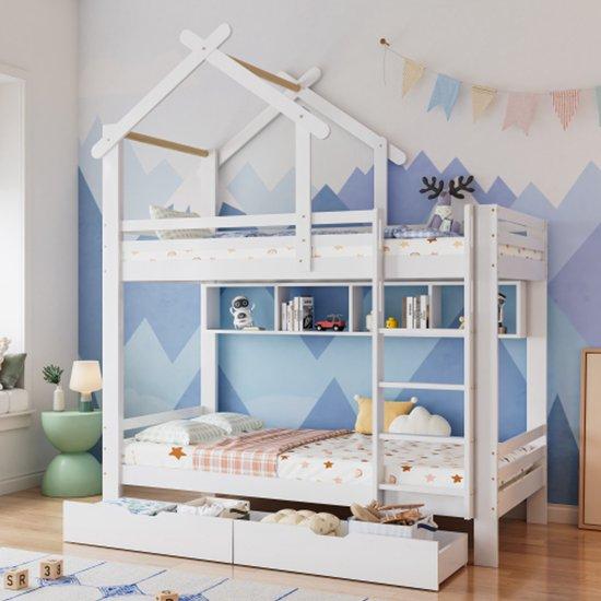 Kinderhochbett mit Sicherheitsgittern, weiß, 90x200cm, Holzframe