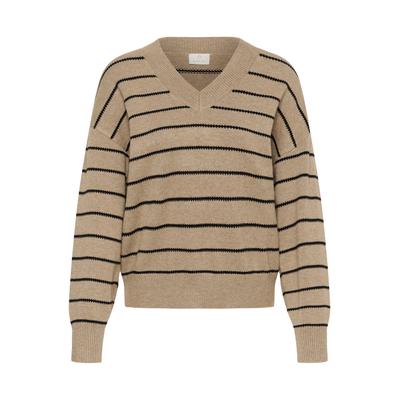Strickpullover KAFFE "KAFFE Strickpullover KAariana", Damen, Gr. XL, beige (desert taupe m., schwarz stripe), Pullover Strickpullover