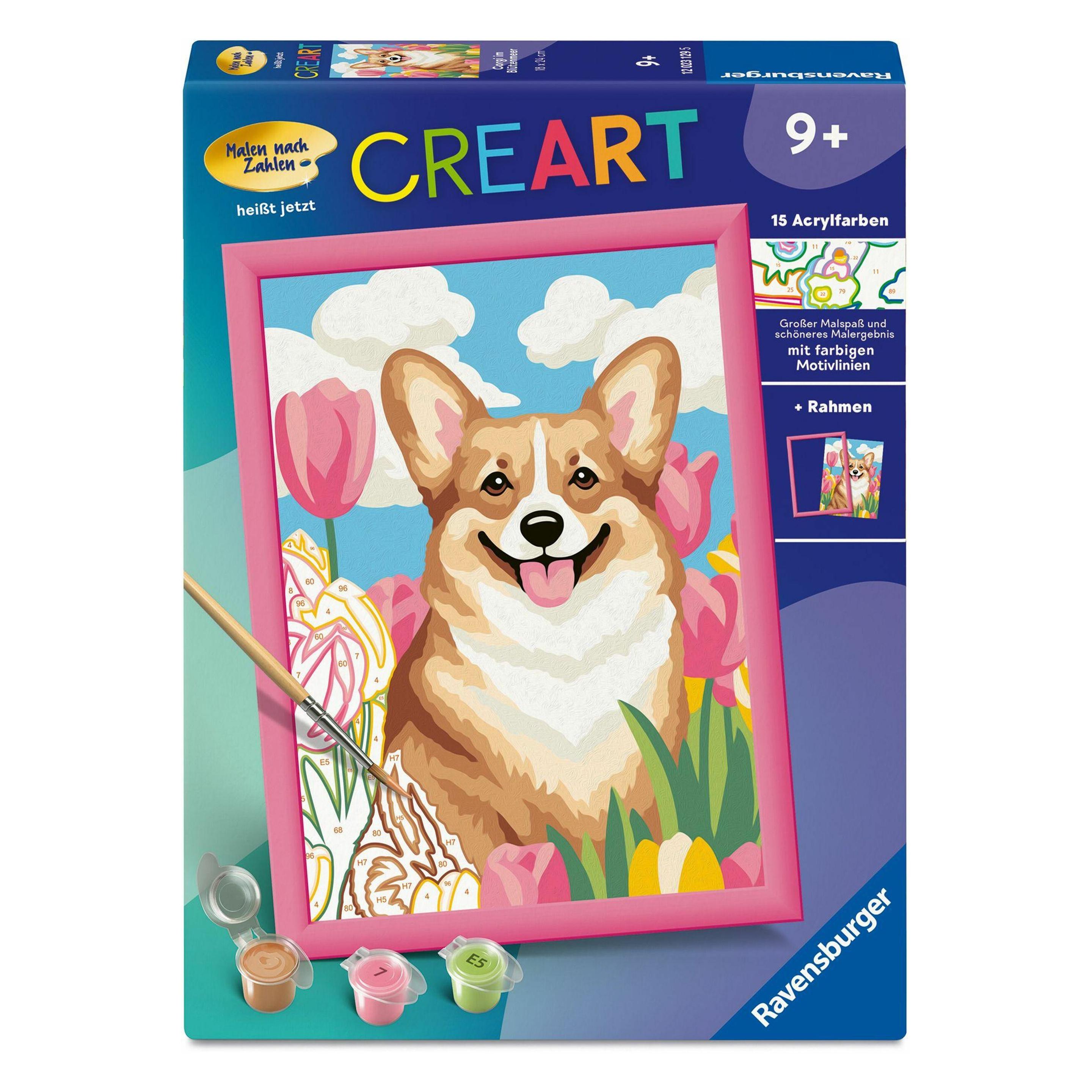 Ravensburger CreArt, Malen nach Zahlen Kinder - Corgi im Blütenmeer (23129)
