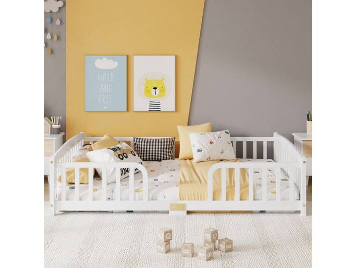 Comfyu - Lit au sol 140x200 cm Lit Montessori avec barrières de sécurité accès indépendant Lit enfant - Blanc