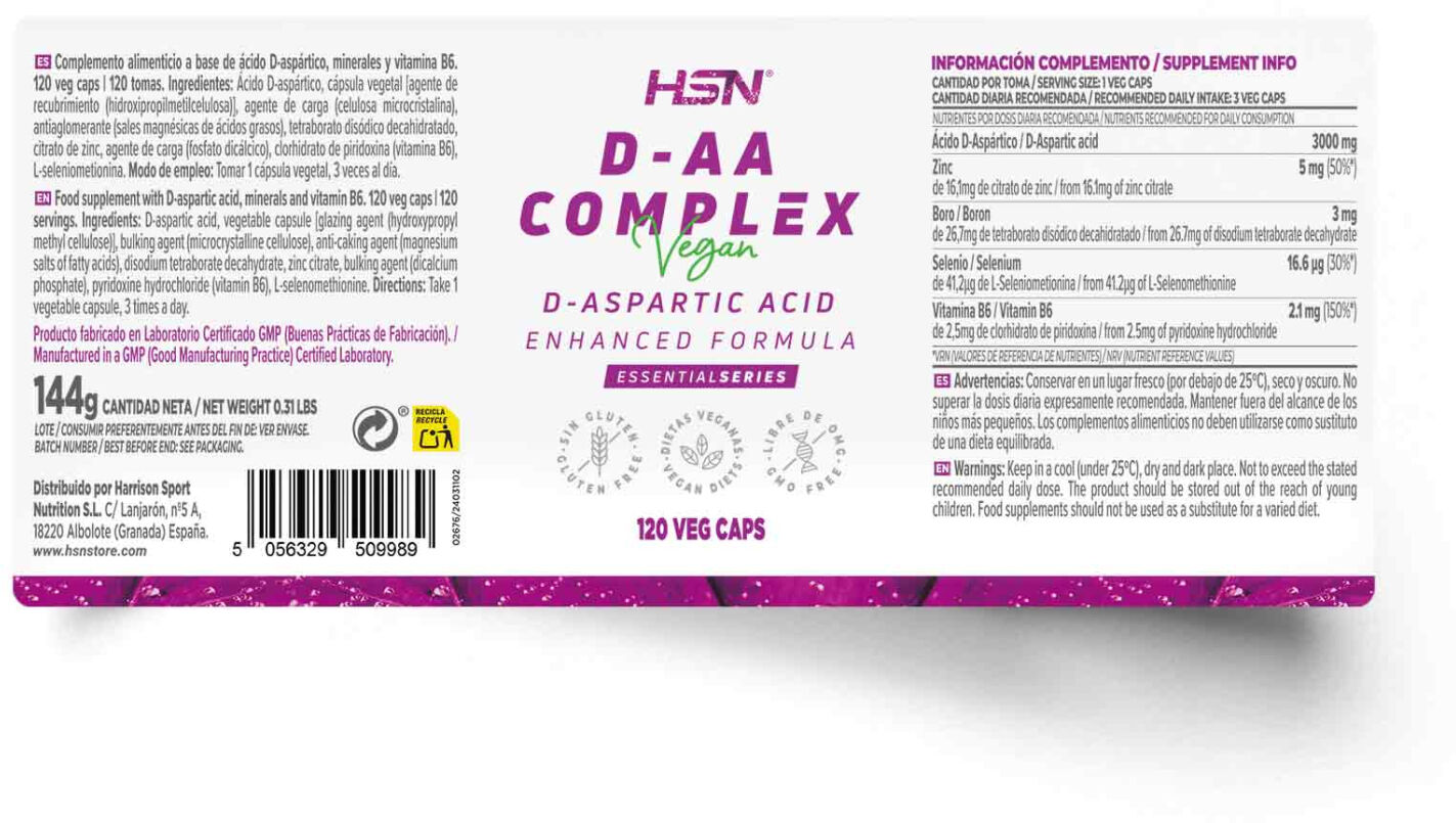 HSN D-AA (ácido D-aspártico) 1000mg complex - 120 veg caps - Pro-Testosterona - Cápsulas Vegetales - 120  Servicios