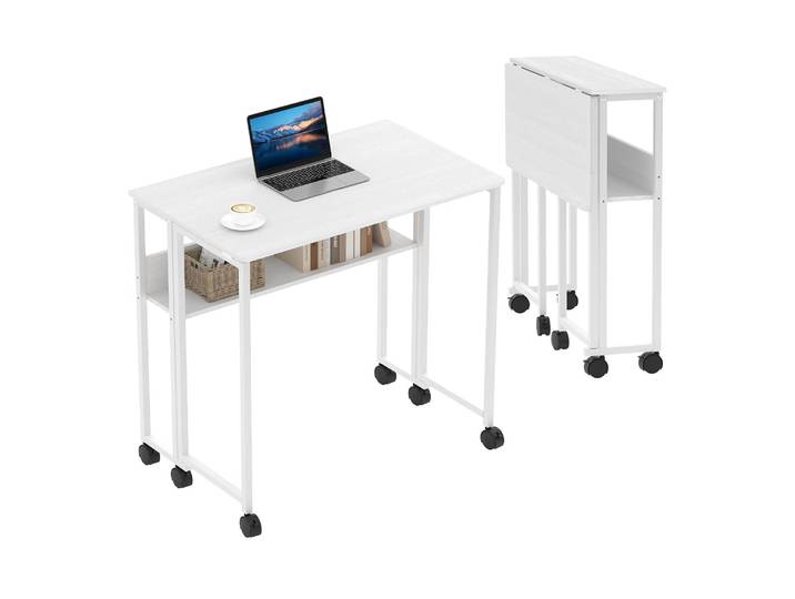 Bureau pliant Mobile, bureau roulant Portable Compact avec étagère de rangement, Table pliable pour ordinateur Portable pour petits espaces, assemblage facile