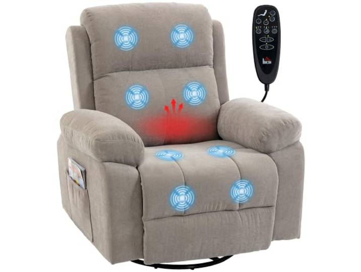 HOMCOM Relaxsessel Fernsehsessel mit Vibrationsmassage, Wärme Beige Drehbar Massagesessel, TV-Sessel, Liegefunktion, Wippfunktion, Chenille-Optik, Fernbedienung, Seitentasche