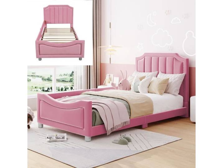 Lit enfant - 90x200 cm - Tête de lit rembourrée - Flanelle - Sécurisé avec clôture