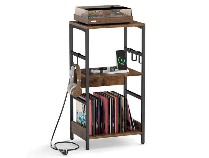Costway Meuble Platine Vinyle Avec Prise\, Rangement Platine Vinyle Avec 2 Séparateurs\, 3 Crochets\, Cadre En Métal\, Support Tourne-disque Pour Cd Dvd Manga\, Meuble Hifi Vinage Pour Salon\, Chambre