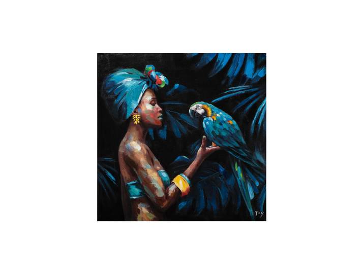 Handgemaltes Bild „Beauty with parrot“ 100 x 100 cm Multicolor Crea Collection