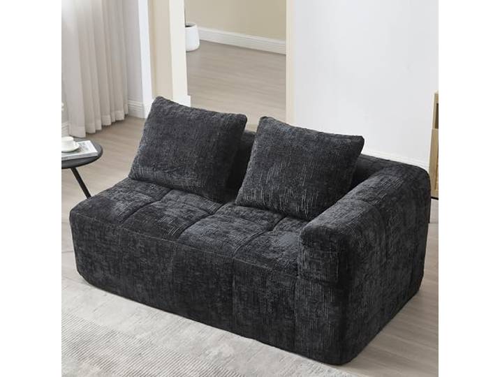 Ball & Cast Boneless Couch, L Couch mit Schlaffunktion, Chenille Modulares Sofa mit Seitentaschen, Montagefrei, Schwarz, 2 Sitze