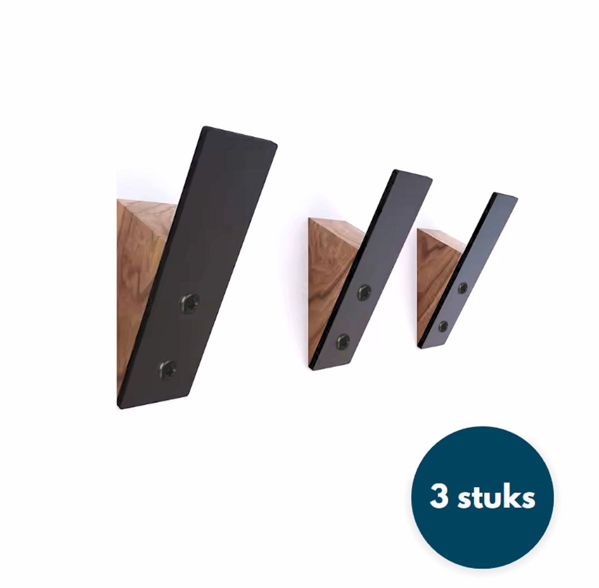 Set van 3 stoere houten wandhaken voor jassen, handdoeken en andere accessoires