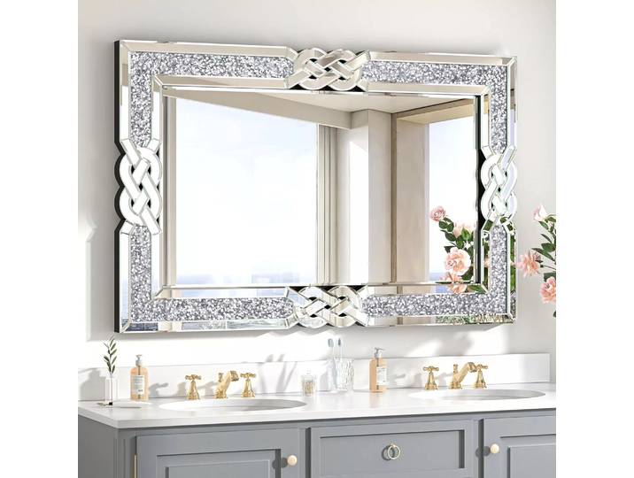 Wisfor miroir mural en diamant concassé, vanité rectangulaire en verre argenté avec bord de cadre en cristal scintillant Glam décoratif