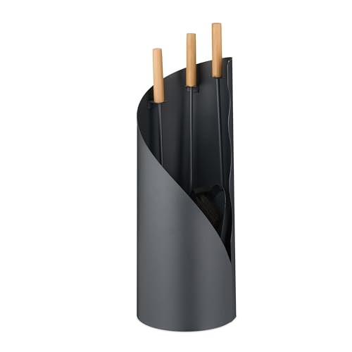 Relaxdays Openhaardset met gereedschap, 4-delig, grijs, metaal en hout
