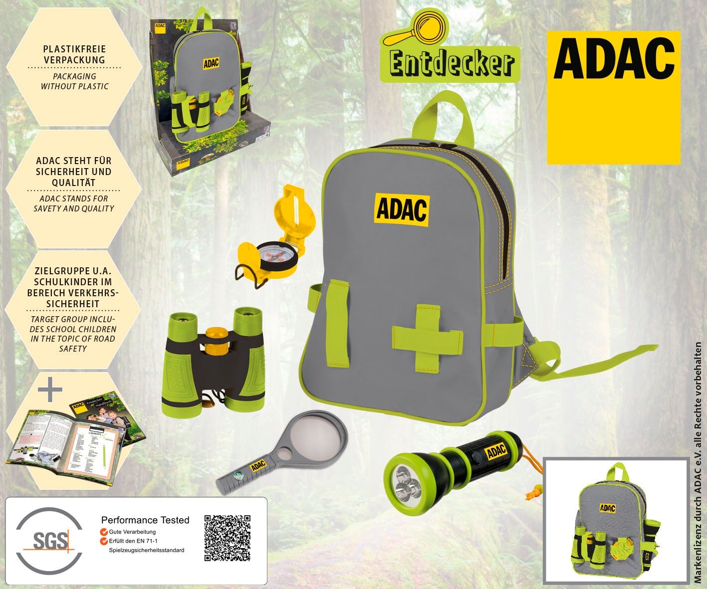 Kinderrucksack HAPPY PEOPLE "ADAC Entdecker-Rucksack", Kinder, grün (grün, gelb), Kunstfaser, Materialmix, Rucksäcke Kinderrucksack grün, gelb Einheitsgröße