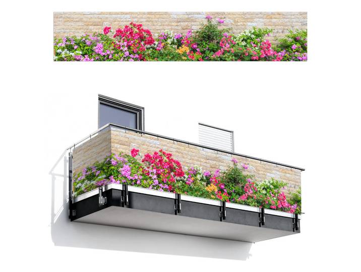 MuchoWow Balkon-Sichtschutz Blumen - Pflanzen - Blätter - Steine, Pink, Kunststoff, Rechteckig, 500x95 cm, Sonnenschutz, Sichtschutz