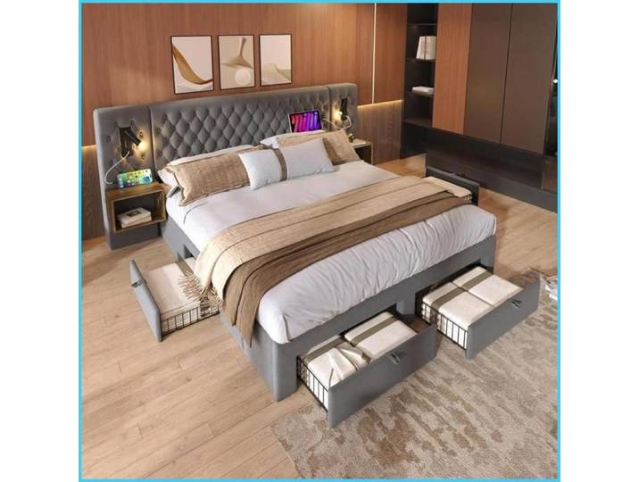 Ensemble chambre complet en velours slate gray 160x200cm chevets intégrés 4 tiroirs liseuses USB-C cadre lattes métal