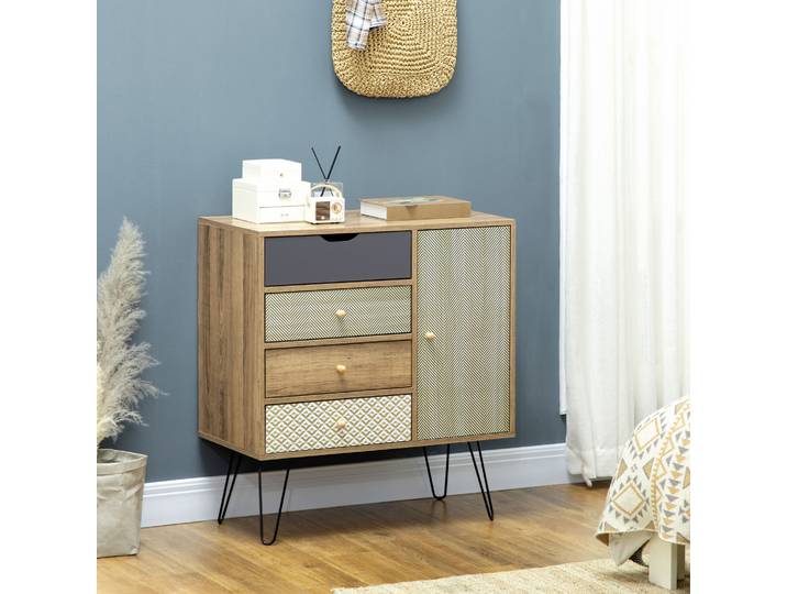 HOMCOM Buffet Bohème 4 Tiroirs 1 Placard Pieds Métal Marron
