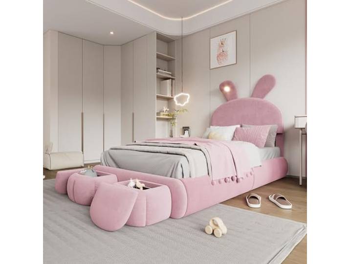 Merax LED Einzelbett Polsterbett Prinzessinnenbett 90x200 cm, Samt Rosa Hasenohren Design, 2 Aufbewahrungshocker, Stabiler Holzlattenrost, Kinderbett, ohne Matratze