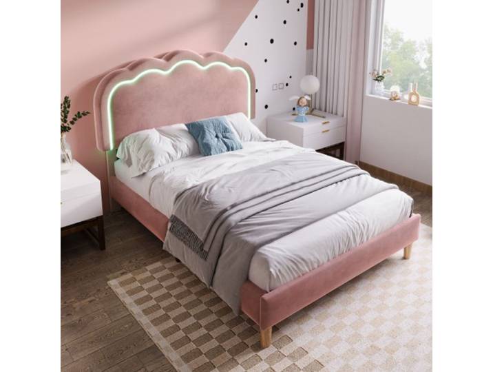 Lit simple LED - MUVOE - 90 x 190 cm - Tête de lit réglable - Rembourré en velours - Couleur rose pâle