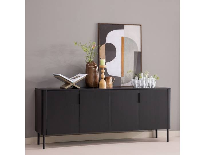 Sideboard WOOOD Gunnar mit FSC-Mix Massivkiefer subtile Griffmulden 201 x 44 x 85 cm , mattschwarz, B:200cm H:85cm T:44cm, FSC-zertifiziertes Massivholz, Sideboards, Sideboard, Tragkraft 20 kg pro Einlegeboden, einfach zu montieren, mit Schutzlack