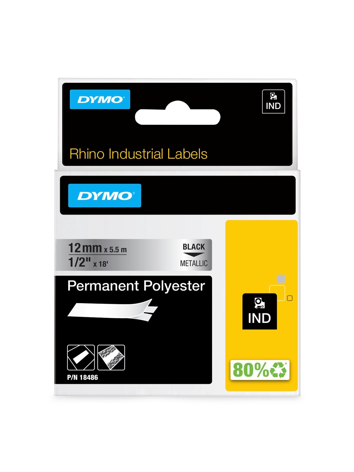 DYMO Rhino Industrie Permanente Polyesteretiketten | 12 mm x 5,5 m | Schwarz auf Metallic