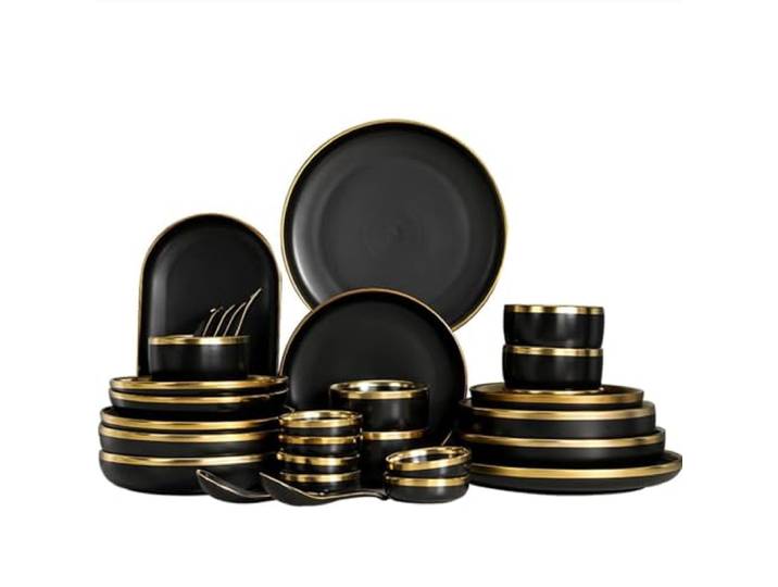 Vnook Keramik-Geschirr-Sets, 30-teilig, modernes schwarzes und goldenes Küchengeschirr, Steingut-Geschirr-Set, Teller- und Schüssel-Sets