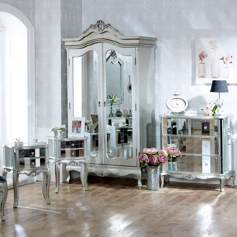 Bedroom Furniture Set, Mirrored Double Wardrobe, Chest of Drawers and Pair of Bedside Chests - Tiffany Range Wood, Mirrored Glass