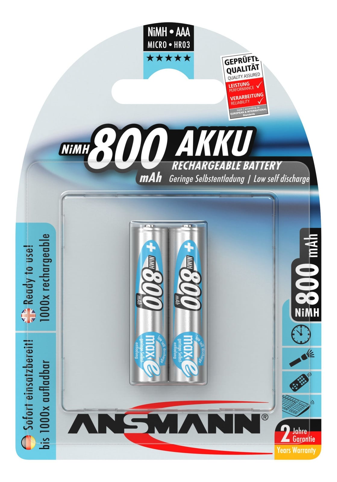 Ansmann NiMH batterij type 900 Micro 800mAh, 2 stuks per blisterverpakking