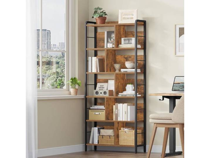 Bibliothèque avec 6 Niveaux Bibliothèque Verticale avec Structure en Métal Étagère de Rangement Brun Rustique et Noir