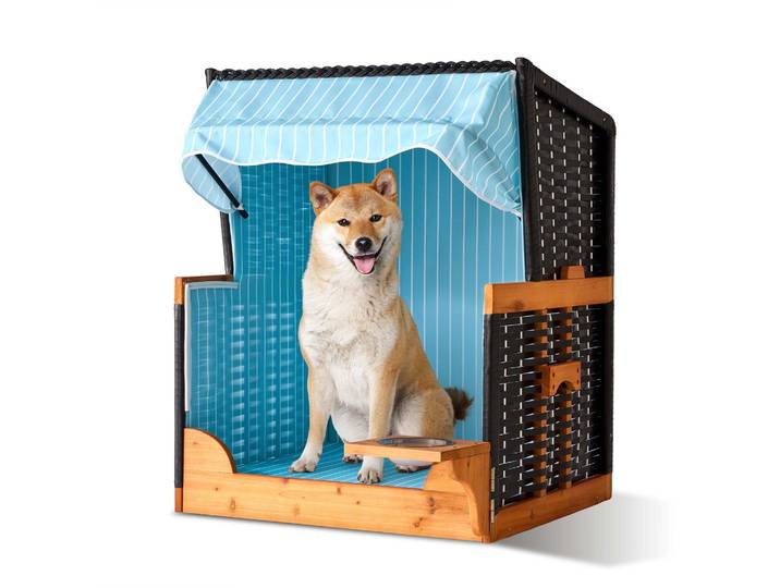 Relaxdays Fauteuil De Plage Pour Chien\, Rotin\, Avec Bol Et Toit\, Hxlxp:95x75x65 Cm\, Jardin/terrasse\, Bois\, Bleu Clair