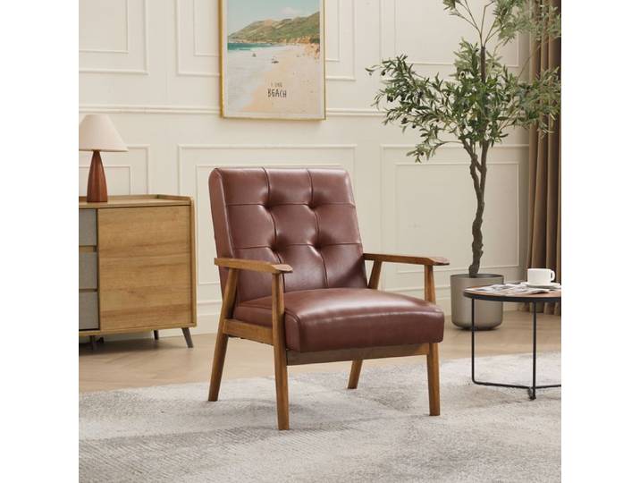Fauteuil de salon en cuir véritable - Cuir de vache véritable - Accoudoirs - Bois d'hévéa - Style scandinave - Fait main