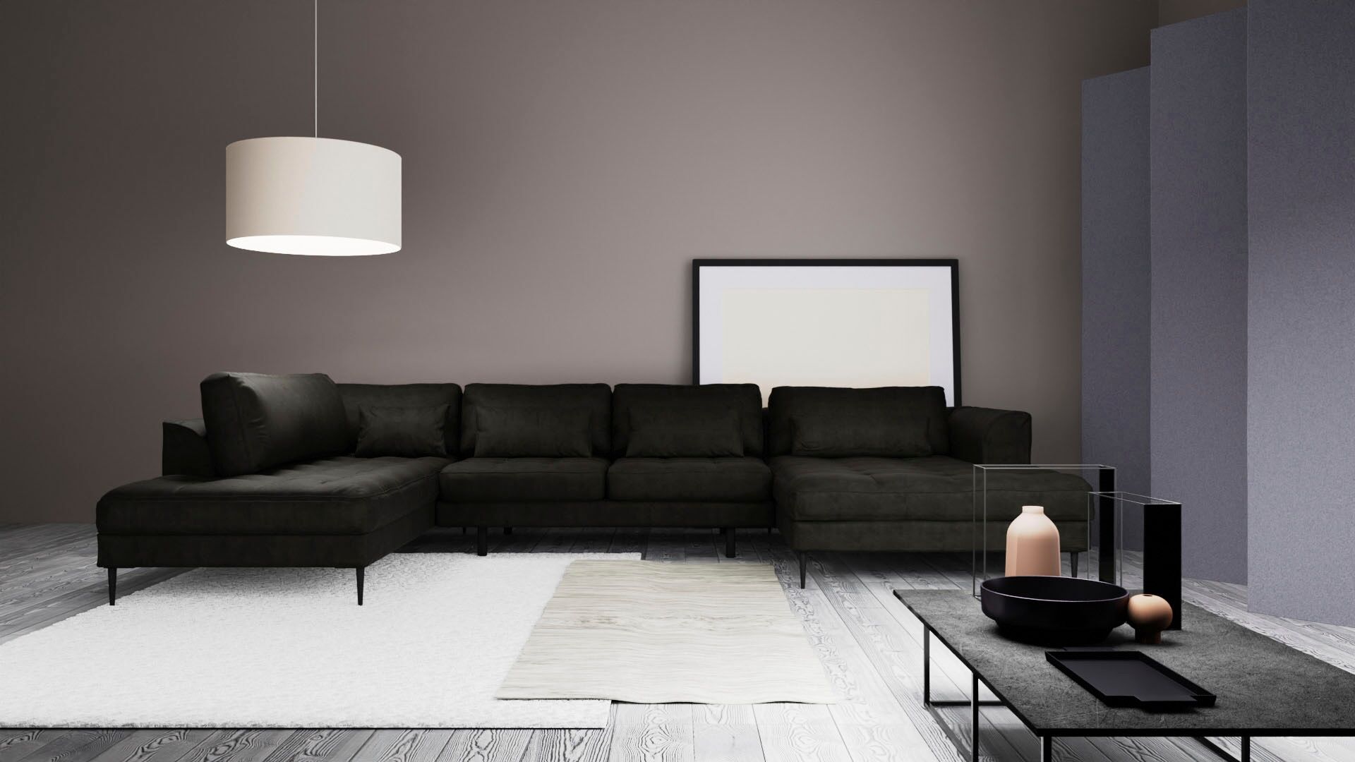 Wohnlandschaft TRENDMANUFAKTUR "Luzi, gemütliches Sofa, extra viel Platz, viele Kissen", braun (eiffel tower), B:361cm H:80cm T:203cm, 100% Polyester, Sofas, Wohnlandschaft, Designsofa mit tollem Sitzkomfort, Metallfüsse schwarz, Breite 361 cm eiffel towe