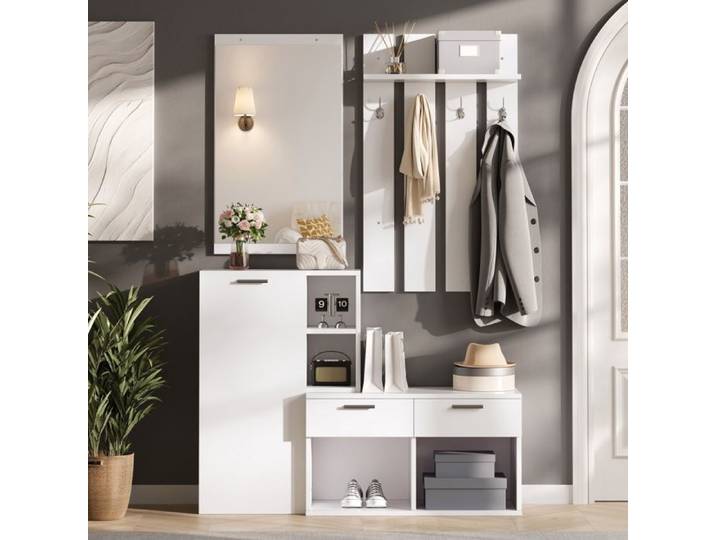 Piaenon Vestiaire / Meuble d'entrée 120x35x175.5cm avec miroir banc à chaussures tiroirs et crochets - Blanc