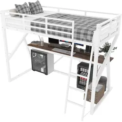 OKWISH Hochbett 90x200 mit Schreibtisch und LED-Beleuchtung, stabiles Metallbett mit Leiter und Rundum-Geländer, platzsparendes Funktionsbett Weiß