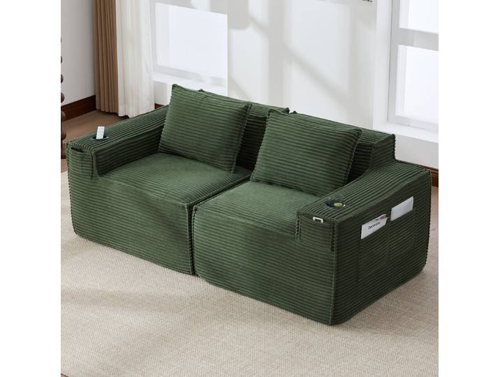 MODFU Sofa 2-Sitzer modulares Loungesofa aus Cord mit hochdichtem Schaumstoff, mit Federkern, Getränkehaltern und Seitentaschen, Loungesofa