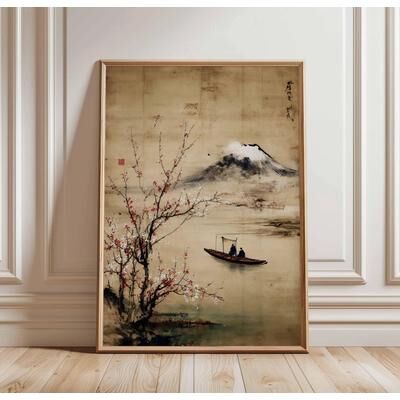 Uplift Essentials Japanese Crane Vintage Ukiyo e Poster Red Sun & Pine Tree Canvas Print Traditional Oriental Wall Art Decor style 3 12x16 In