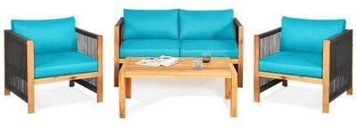 Costway 4 Pieces Acacia Wood Outdoor Patio Furniture Set with Cushions-Turquoise