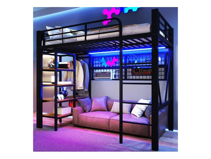 Flieks Hochbett Metallbett Kinderbett 90x200cm mit Kleiderstange Regal Lichtleiste