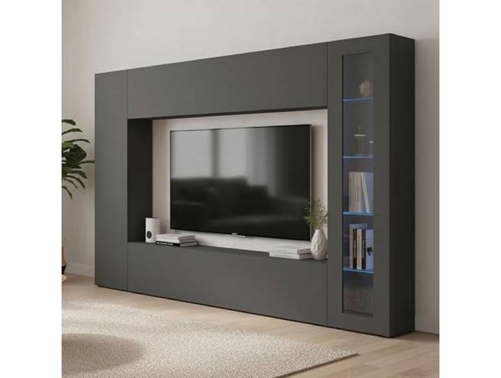 Dmora - Wohnzimmermöbel Donatello, TV-Wohnzimmer-Set, Mehrzweck-Wohnzimmermöbel mit Vitrine und LED-Licht, 100% Made in Italy, cm 260x30h180, Anthrazit