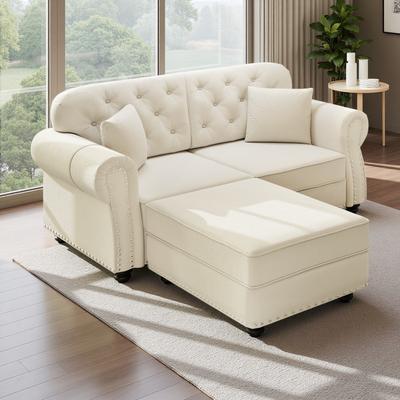 Velvet Mid-Century Modern Chesterfield Sectional Sofa with Nailhead Trim, Rolled Armrests, and Button Tufting