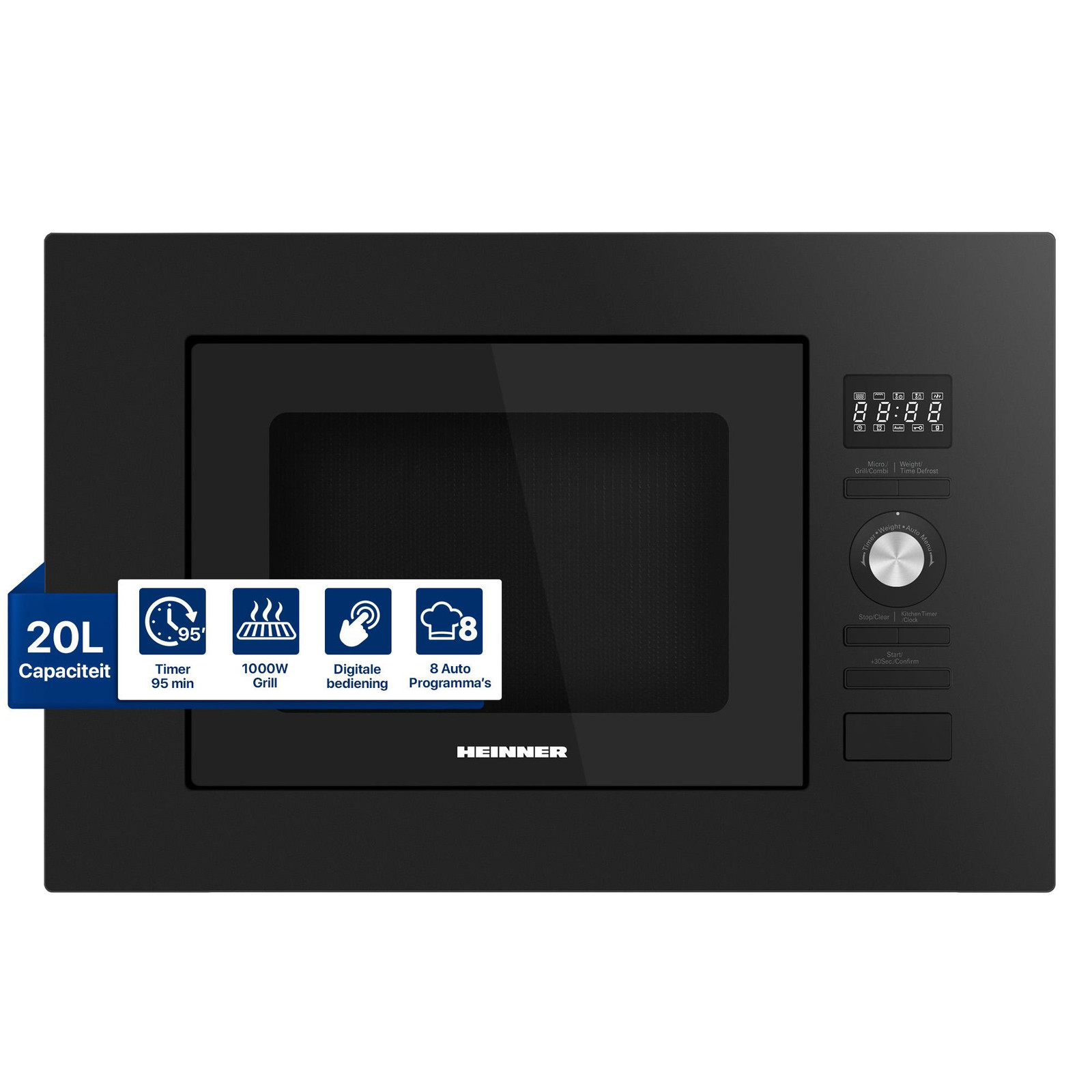 Heinner HMW-MDBI20GDBK inbouwmagnetron, 20 liter, 800 W, 1000 W grill, LED-display, zwart