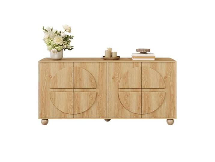 Buffet à 4 portes avec effet relief circulaire armoire de rangement avec étagères réglables pour Cuisine Salon Chambre 160x38x76cm