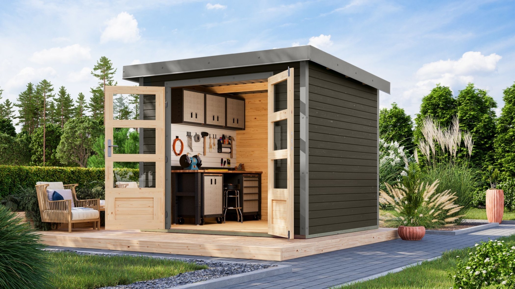 Karibu Gartenhaus Hybridhaus Metall Jupiter 3 terragrau 238,5x213,5x209 cm