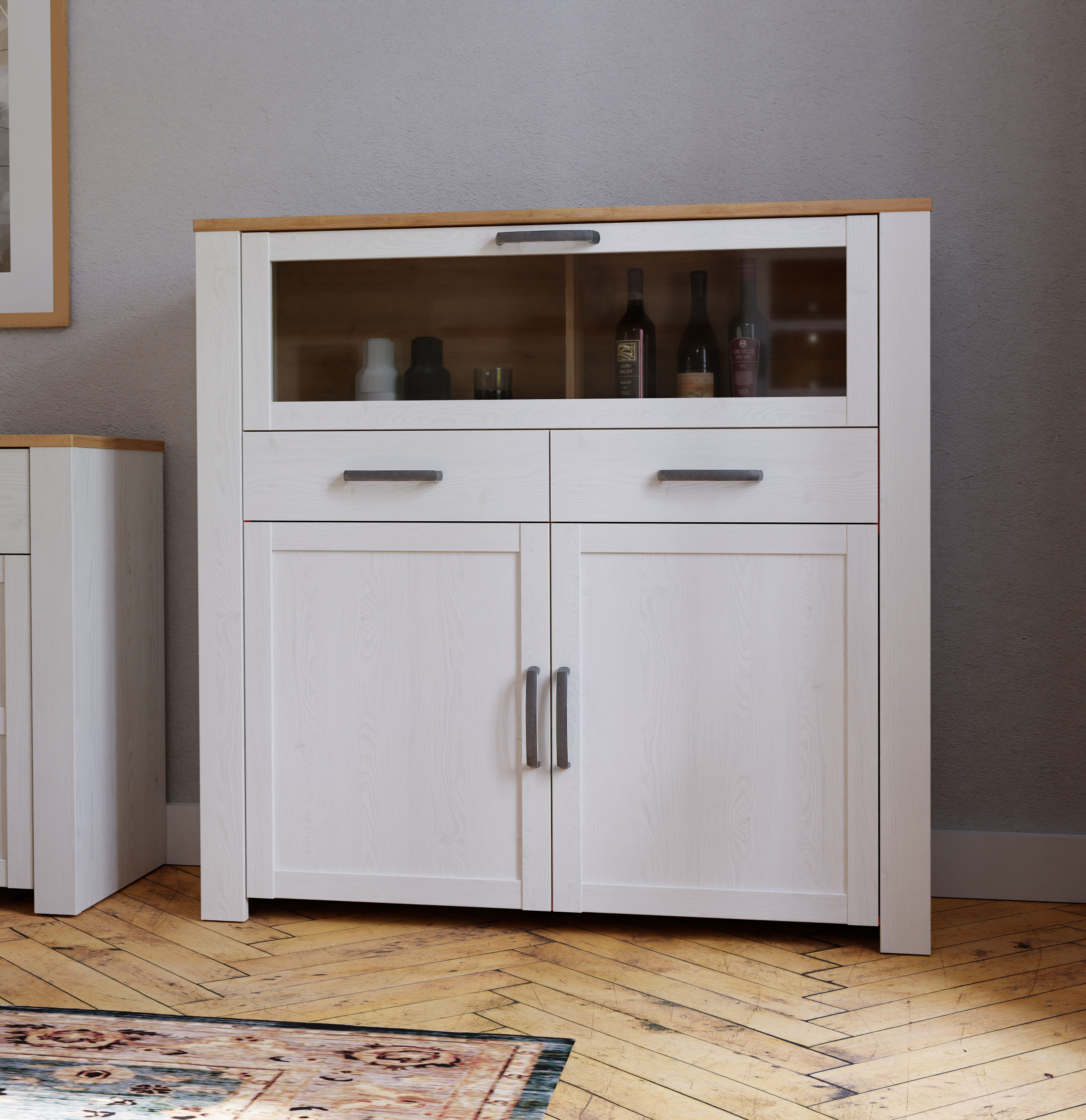 Highboard FORTE "Bohol, kleines Highboard, Klappe mit Glas, 2SK, 2Türen", weiss (riviera eiche, sibiu lärche hell), B:126,4cm H:125,4cm T:42cm, Glas, Spanplatte, Sideboards, Highboard, B/H/T 126,4/125,4/42 cm Beleuchtung optional bestellbar riviera eiche,
