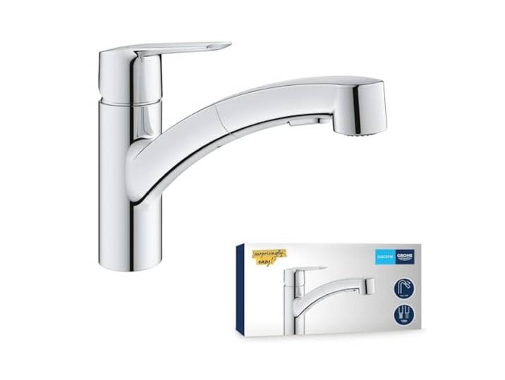 GROHE Start, Küchenarmatur 2 Strahlarten (Wasserhahn Küche mit ausziehbarer Brause, 90° schwenkbar, wassersparend dank variabler Mengenbegrenzung, werkzeugfreie Spülbecken-Montage), chrom, 30531001